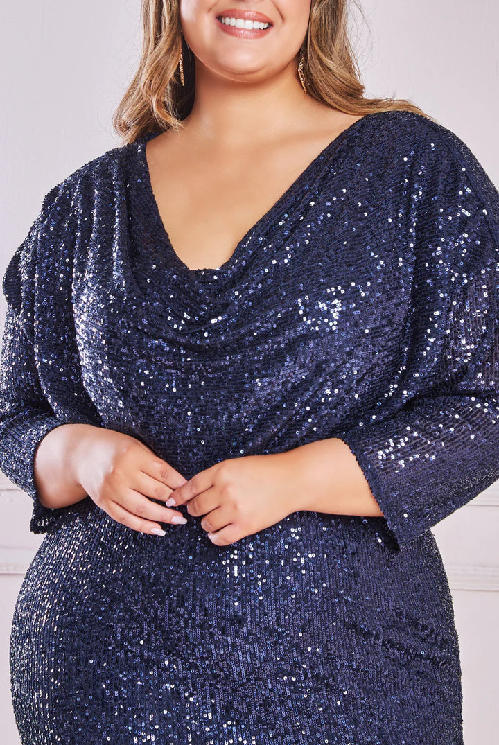 Halle Sequin Navy 3/4 Sleeve Cowl Neck Off The Shoulder Midi Dress - BY GODDIVA