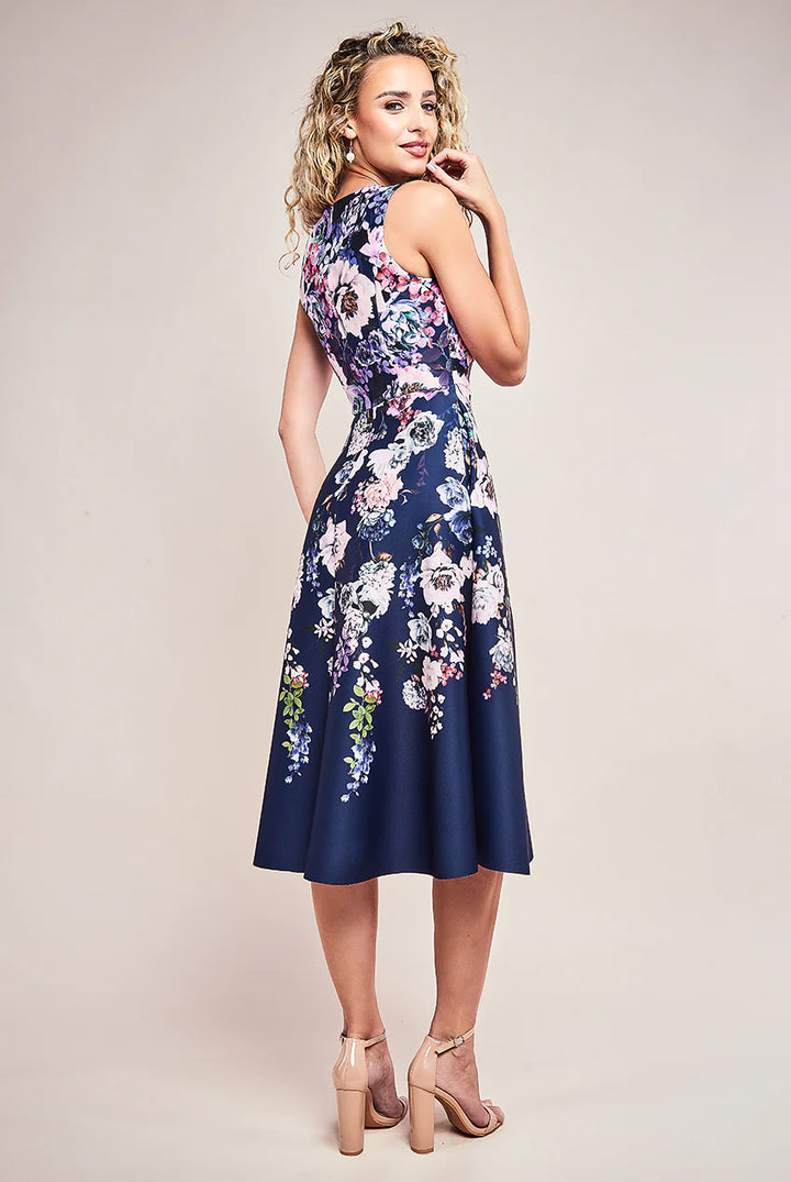 Florence Navy Floral Scuba Foam Sleeveless Midi Dress