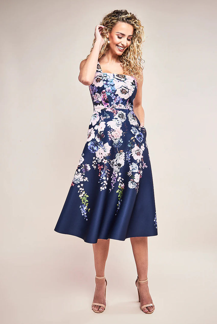 Florence Navy Floral Scuba Foam Sleeveless Midi Dress