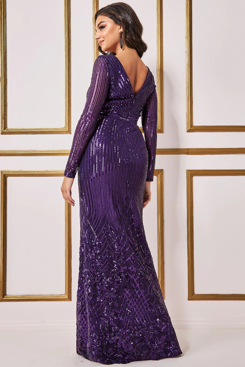 All Night Long Sleeve Sequin Purple Bodycon Maxi Dress TALL - BY GODDIVA