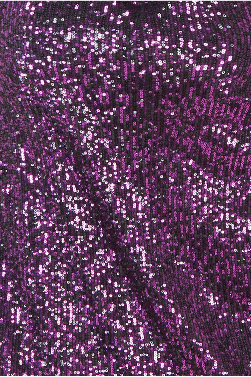Anastasia Batwing Long Sleeve Sequin Purple Wrap Belted Midi Dress