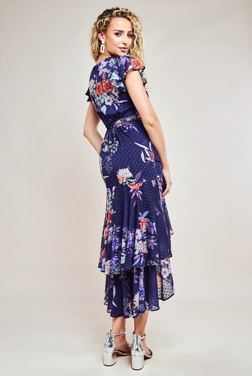 Rosalie Navy Floral Dip Hem Short Sleeve Tiered Midaxi Dress