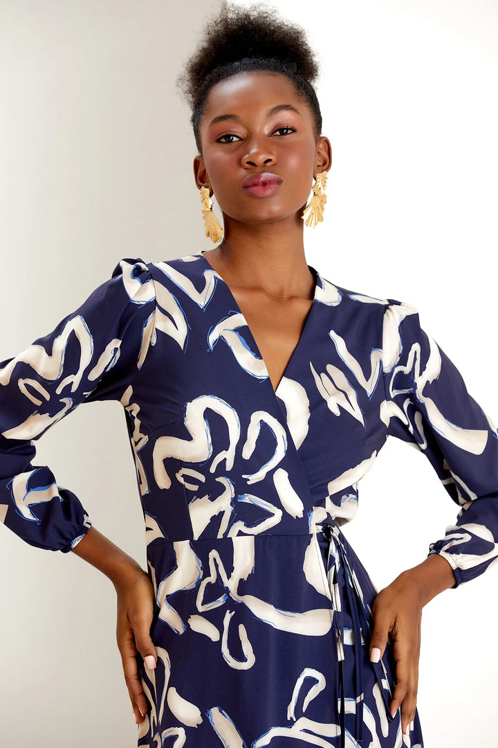 Draped In Luxury Navy Print Belted Wrap Maxi Dress
