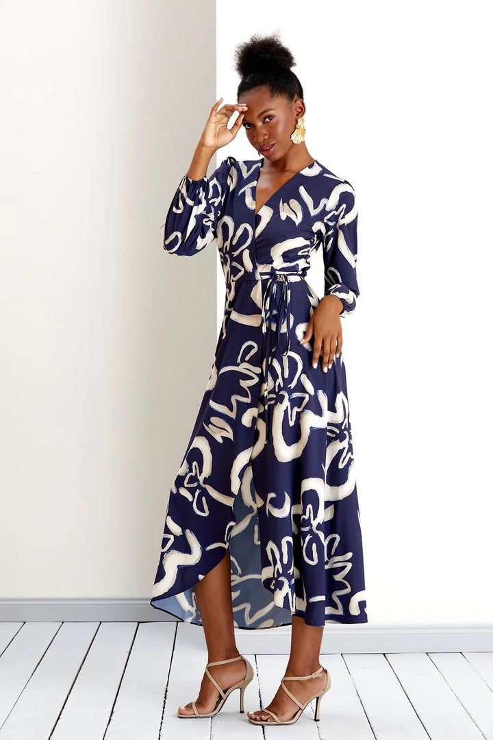 Draped In Luxury Navy Print Belted Wrap Maxi Dress