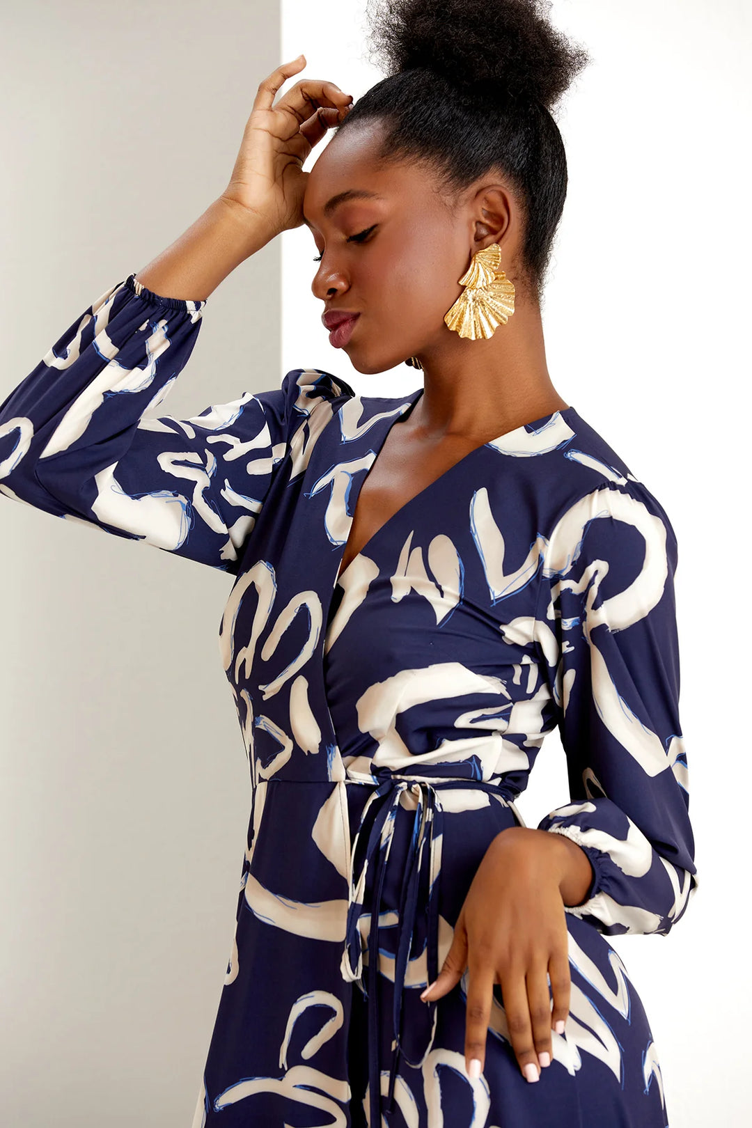 Draped In Luxury Navy Print Belted Wrap Maxi Dress