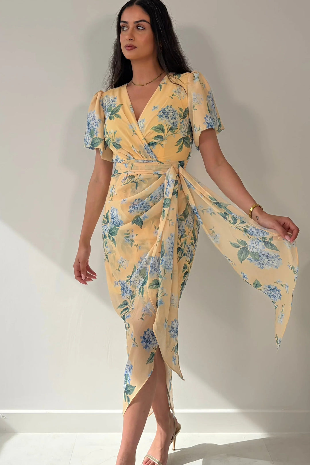 Drew Yellow Floral Wrap Short Puff Sleeve Midi Dress
