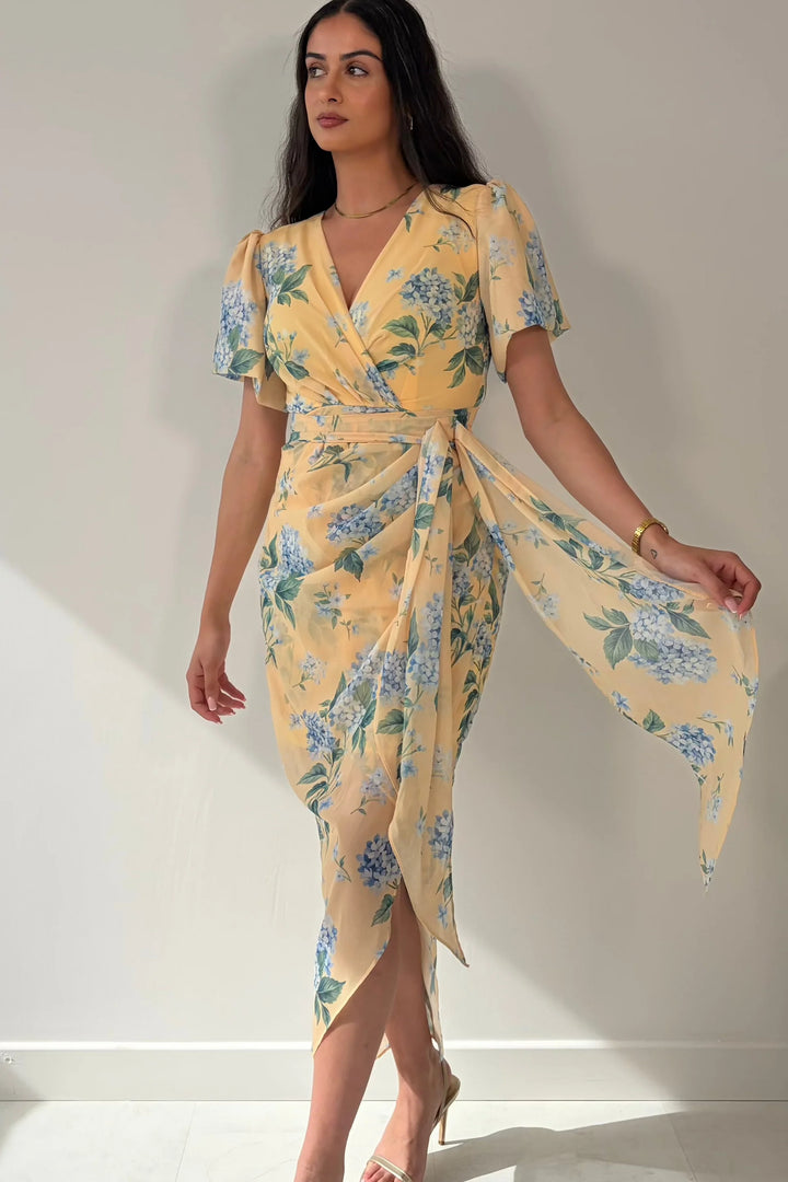 Drew Yellow Floral Wrap Short Puff Sleeve Midi Dress