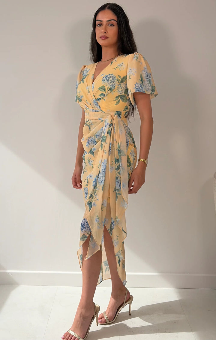 Drew Yellow Floral Wrap Short Puff Sleeve Midi Dress