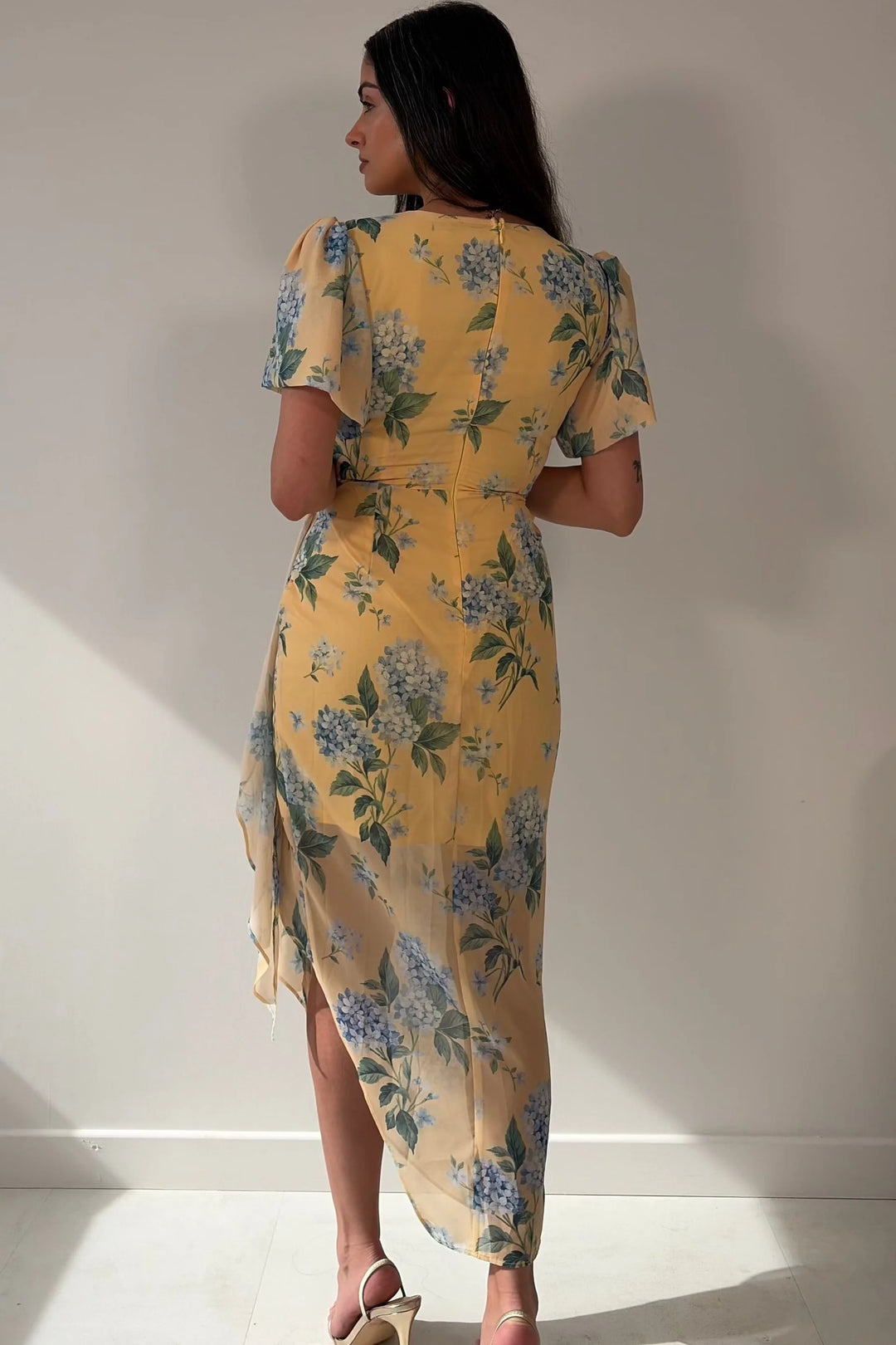 Drew Yellow Floral Wrap Short Puff Sleeve Midi Dress