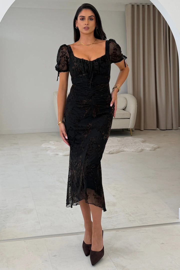 Dove Black and Brown Flocked Ruched Detail Midi Dress