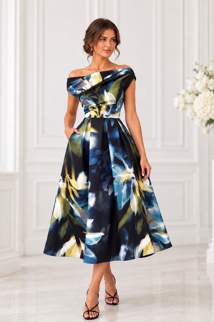 Betty Sapphire Floral Asymmetric Neckline Skater Maxi Dress With Pockets