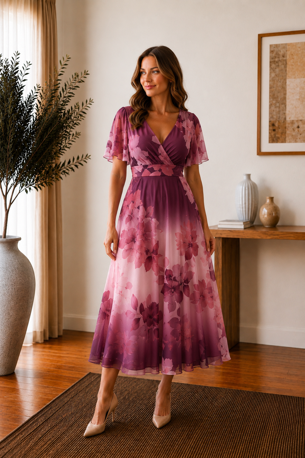 Isobel Plum Floral Angel Sleeve Belted Maxi Dress - PETITE LENGTH (3 LENGTHS)