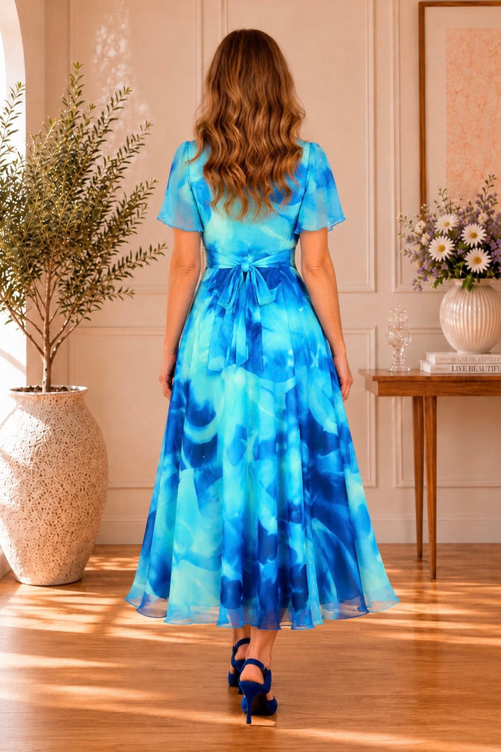 Isobel Blue Abstract Angel Sleeve Belted Mesh Maxi Dress - PETITE LENGTH (3 LENGTHS)