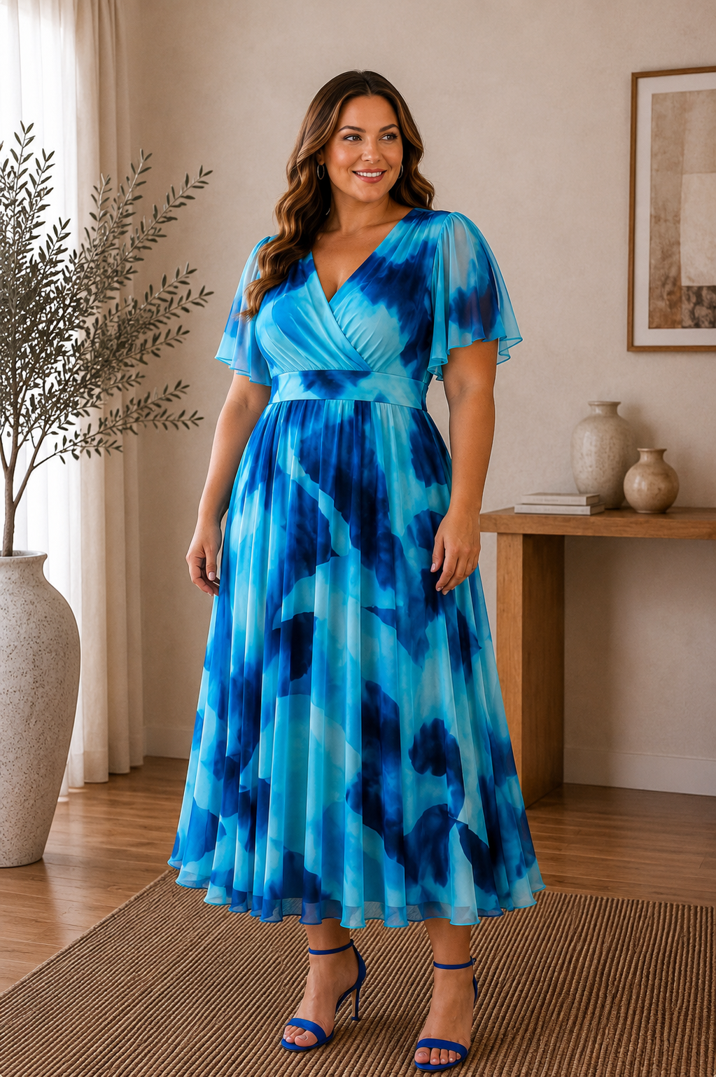 Isobel Blue Abstract Angel Sleeve Belted Mesh Maxi Dress - REGULAR LENGTH (3 LENGTHS)