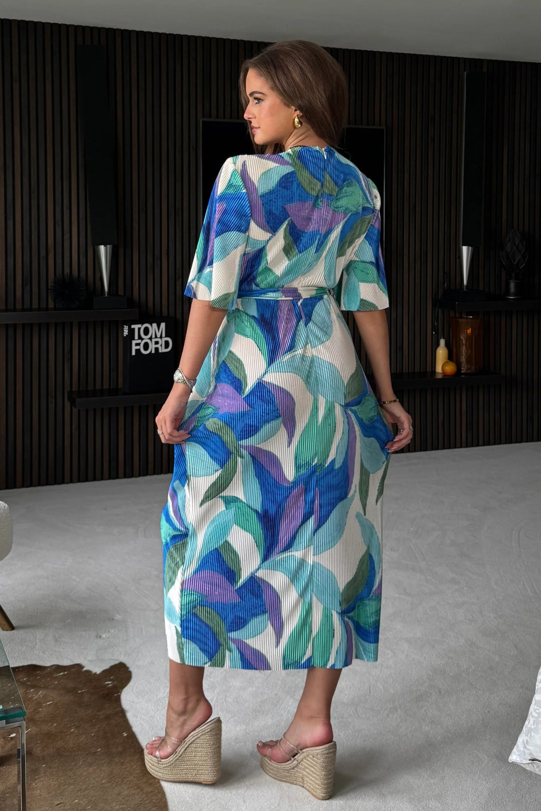 Eleanor Turquoise Blue Multi Plisse Wrap Belted Midi Dress