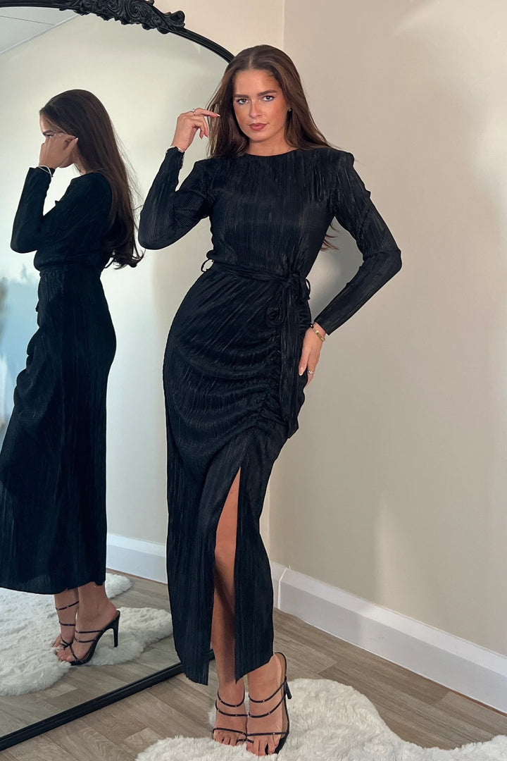 Elena Black Ruched Plisse Bodycon Long Sleeve Belted Midi Dress