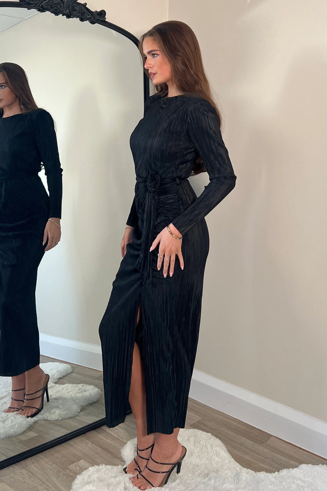 Elena Black Ruched Plisse Bodycon Long Sleeve Belted Midi Dress