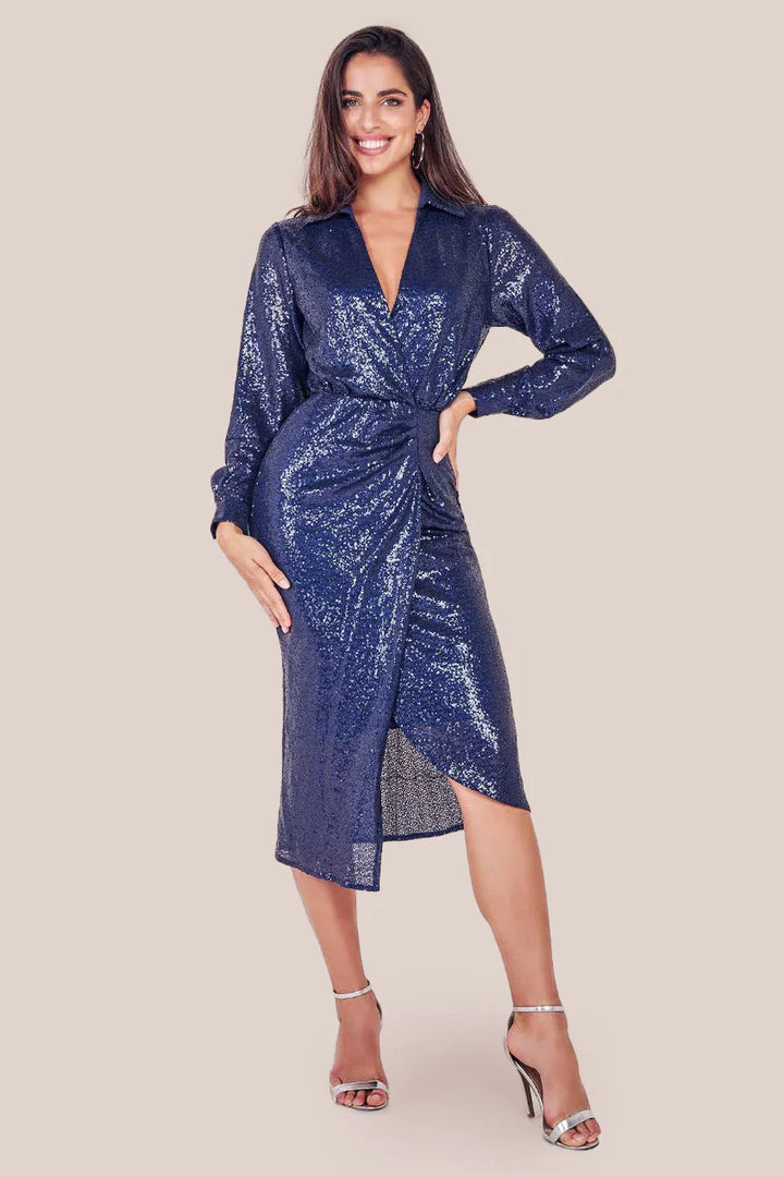 Eloise Navy Sequin Front Split Shirt Dress