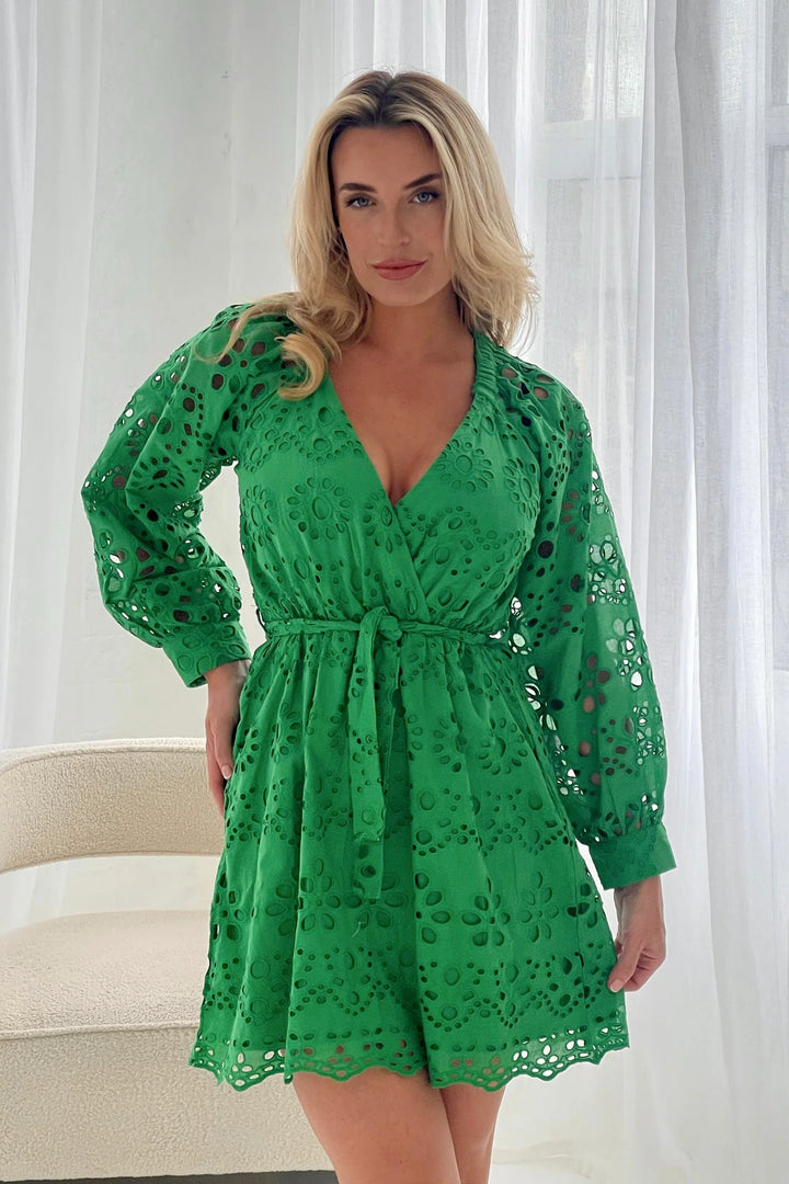 Elowen Green Broderie Anglaise Wrap Belted Mini Dress