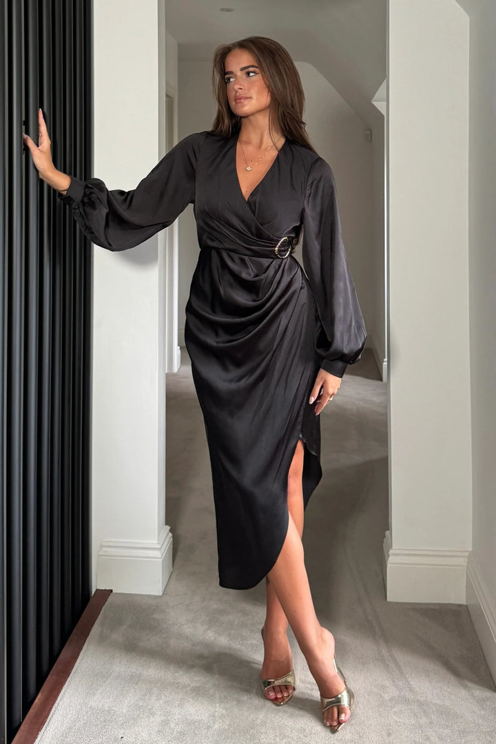 Elsa Black with Gold Buckle Long Sleeve Asymmetric Midi Dress
