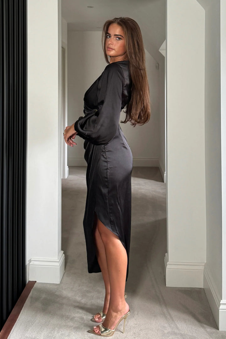Elsa Black with Gold Buckle Long Sleeve Asymmetric Midi Dress