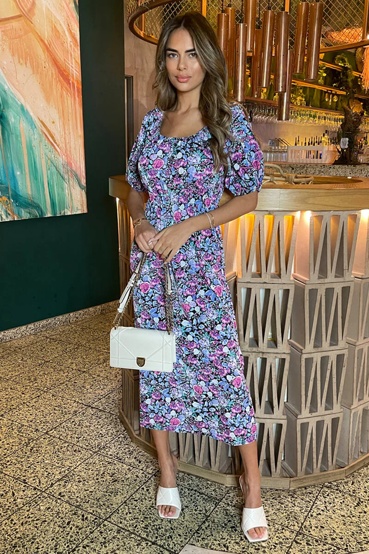 Esmeralda Lilac Floral Printed Puff Sleeve Midi Dress