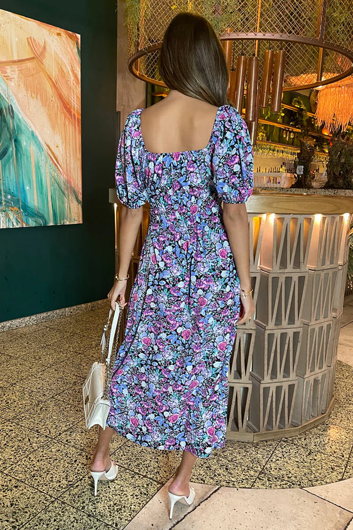 Esmeralda Lilac Floral Printed Puff Sleeve Midi Dress