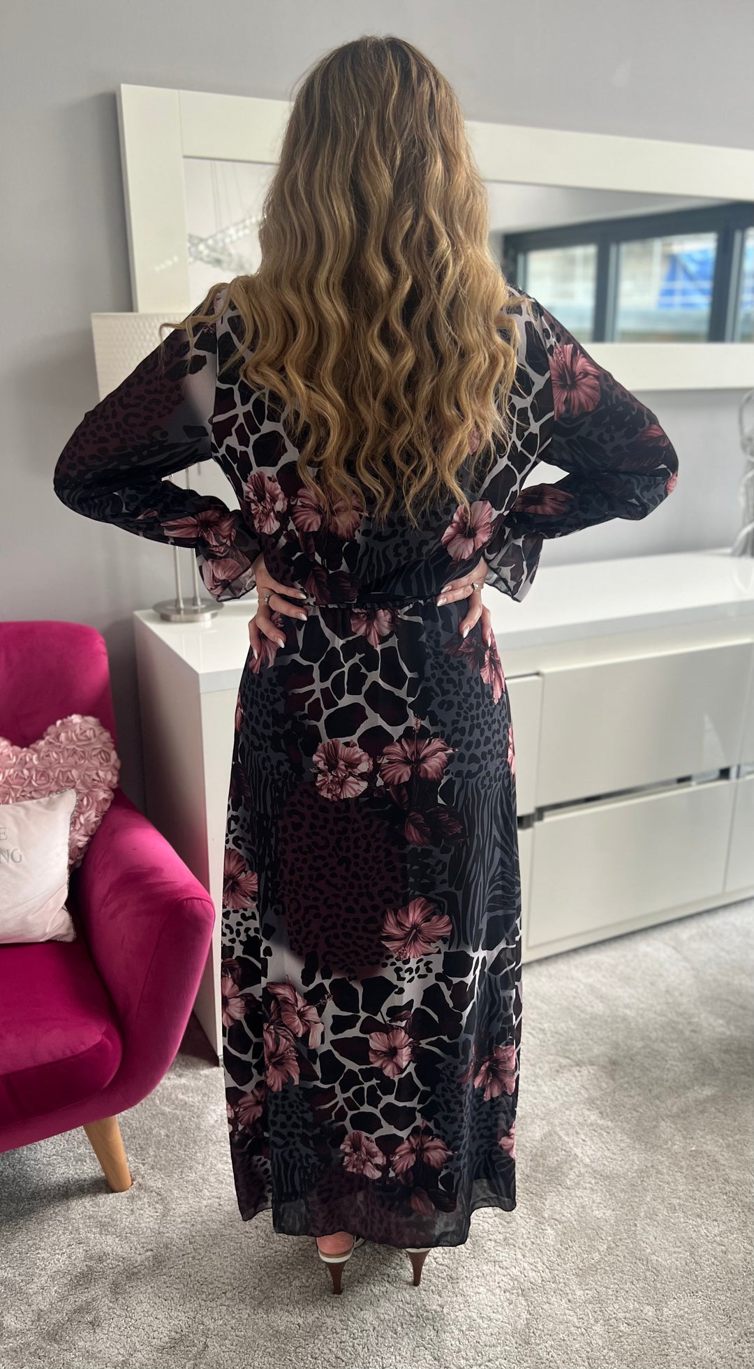 Thandie Black & Pink Animal Print Floral Chiffon Belted Long Sleeve Maxi Dress 2 LENGTHS