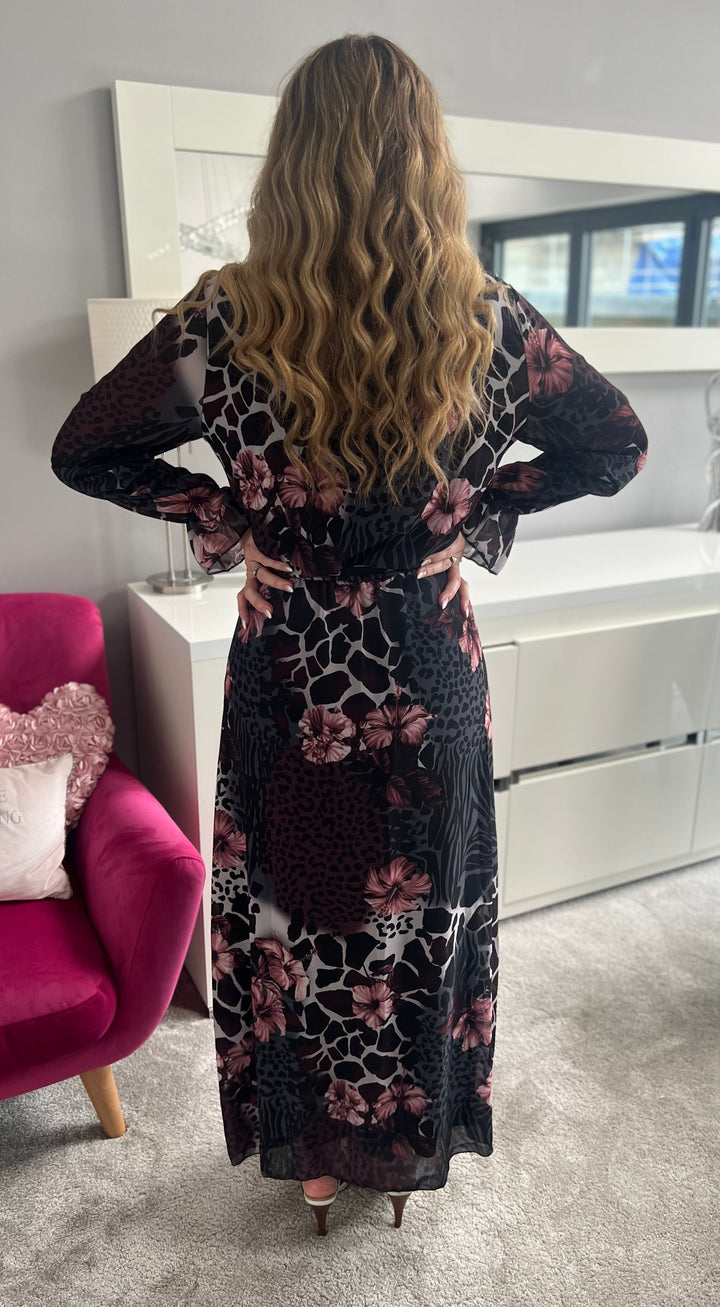 Thandie Black & Pink Animal Print Floral Chiffon Belted Long Sleeve Maxi Dress 2 LENGTHS