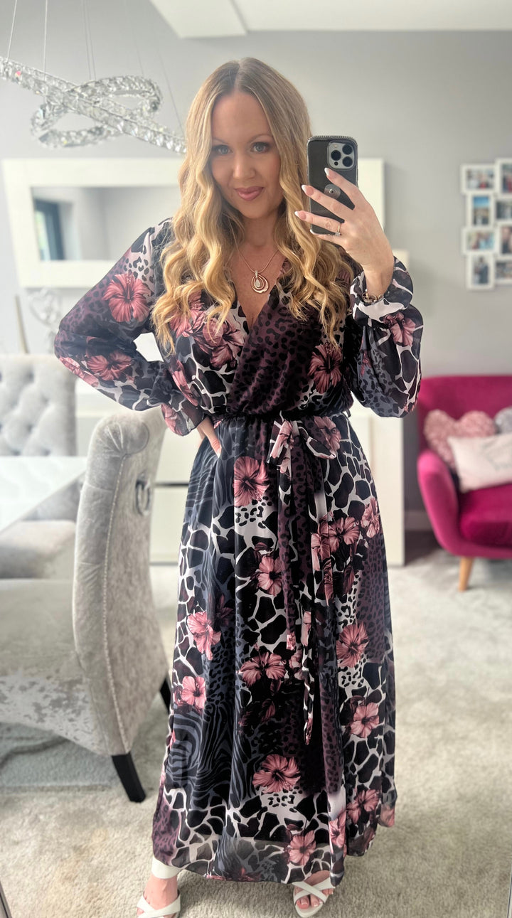 Thandie Black & Pink Animal Print Floral Chiffon Belted Long Sleeve Maxi Dress 2 LENGTHS