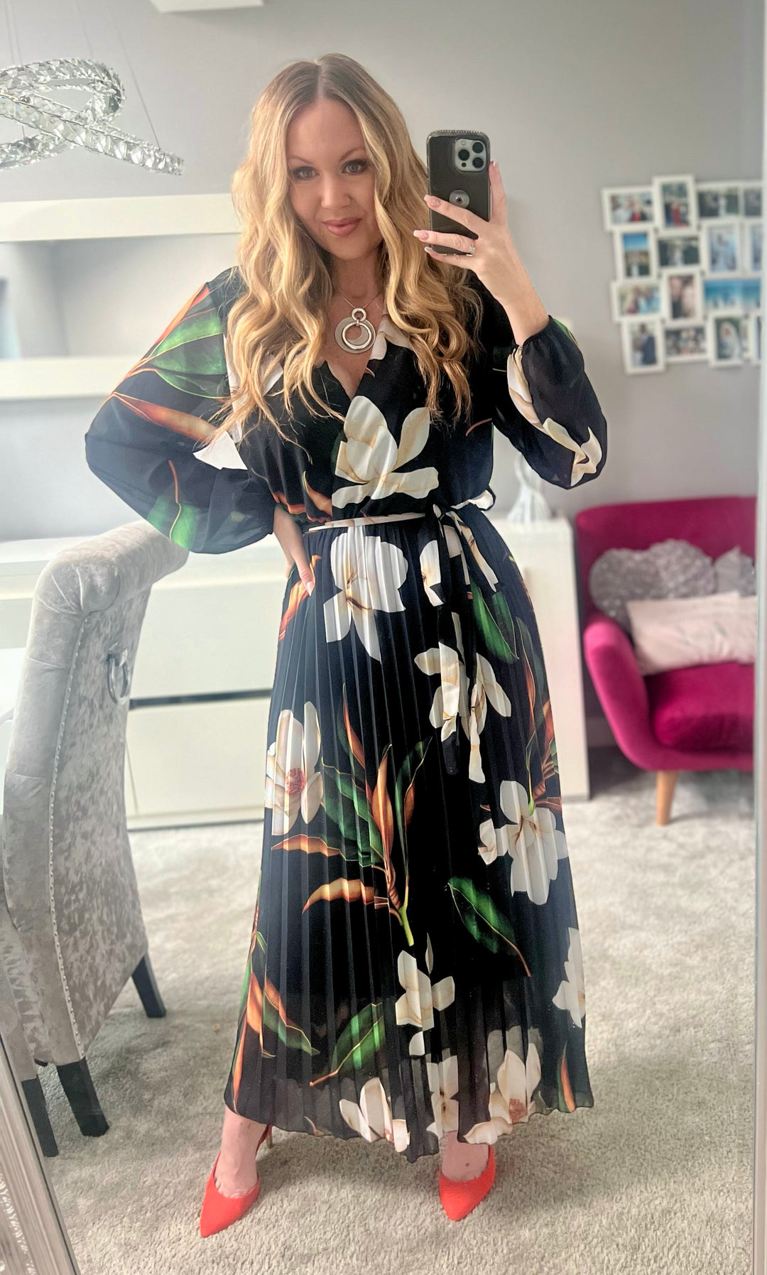 Elle Black Floral Chiffon Pleated Long Sleeve Maxi Dress