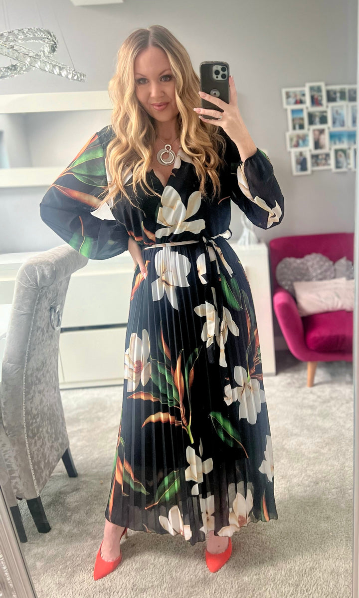 Elle Black Floral Chiffon Pleated Long Sleeve Maxi Dress