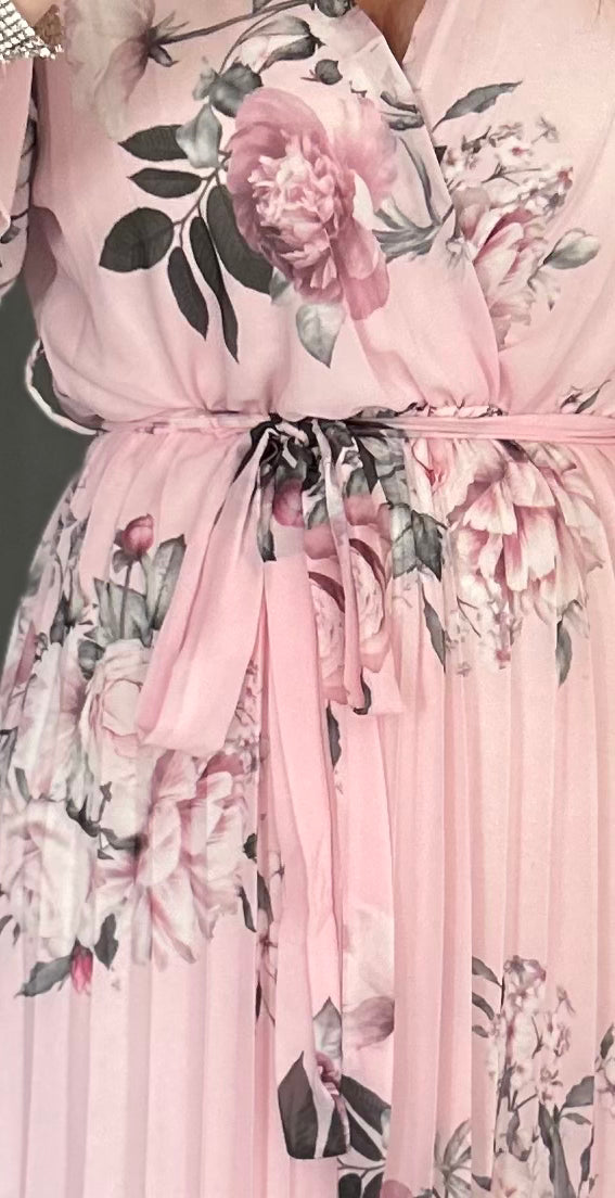 Amalfi Coast Baby Pink Floral Chiffon Short Sleeve Pleated Belted Maxi Dress - CHECK BELT INFO