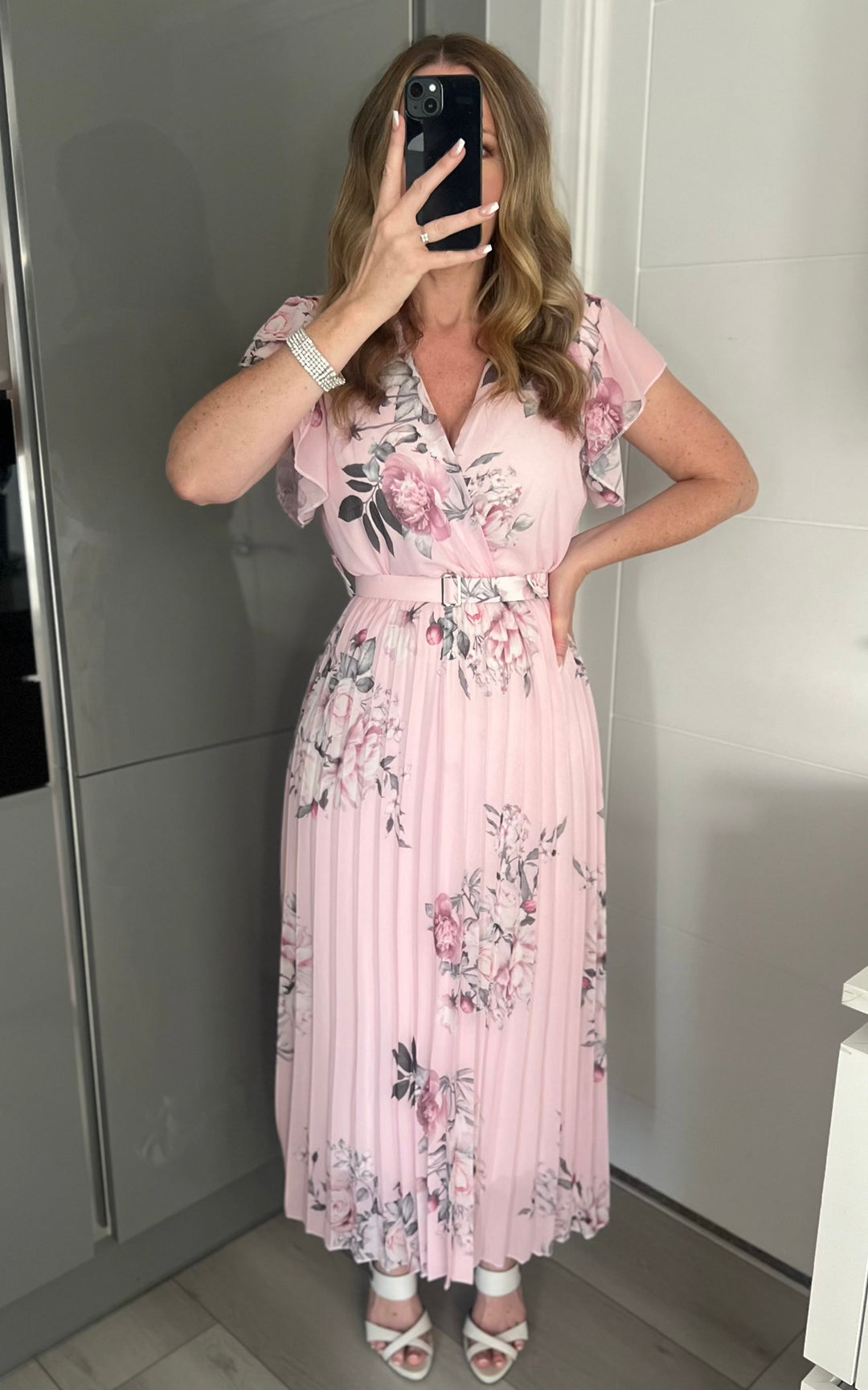 Amalfi Coast Baby Pink Floral Chiffon Short Sleeve Pleated Belted Maxi Dress - CHECK BELT INFO