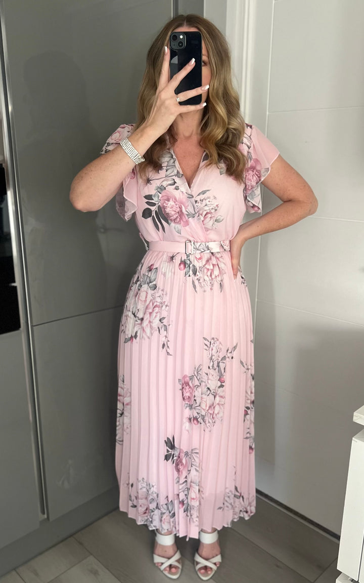 Amalfi Coast Baby Pink Floral Chiffon Short Sleeve Pleated Belted Maxi Dress - CHECK BELT INFO
