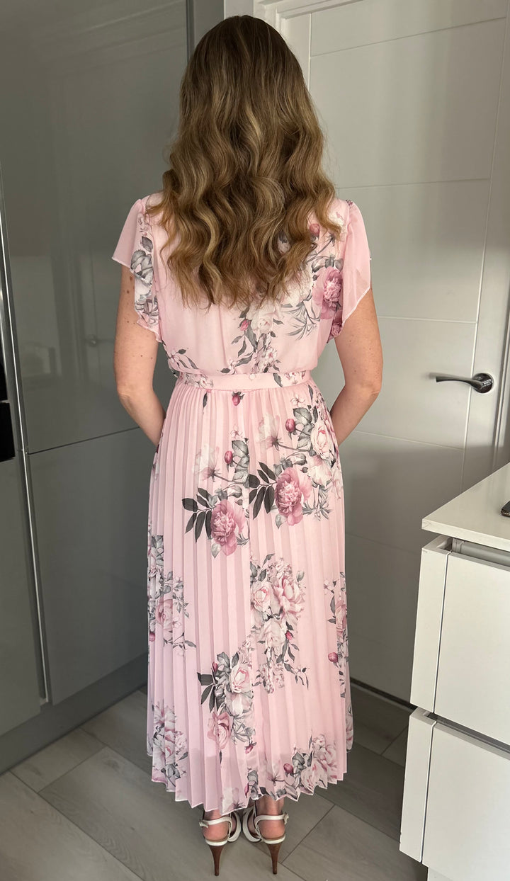 Amalfi Coast Baby Pink Floral Chiffon Short Sleeve Pleated Belted Maxi Dress - CHECK BELT INFO