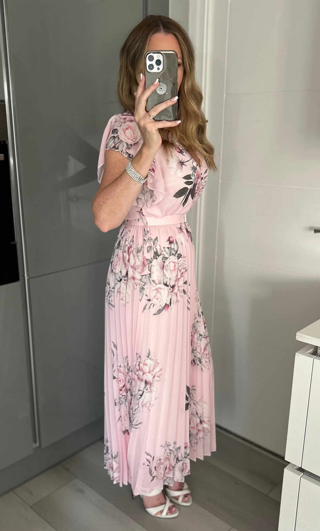Amalfi Coast Baby Pink Floral Chiffon Short Sleeve Pleated Belted Maxi Dress - CHECK BELT INFO