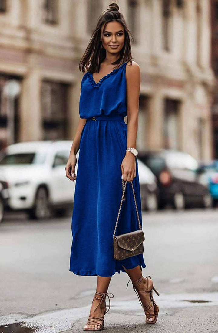 Giovanna Blue Cami Strap Belted Maxi Dress