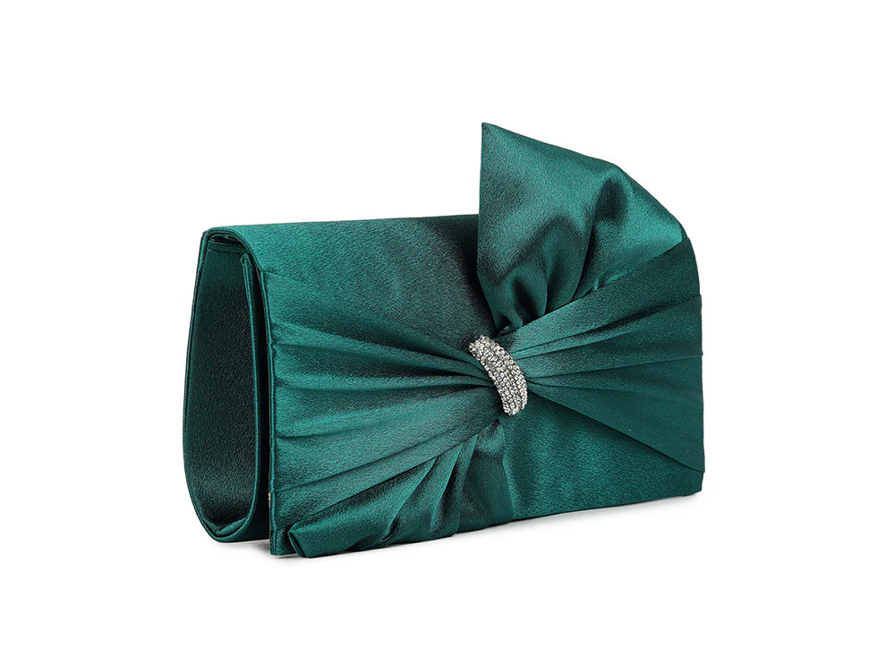 Palermo Admiral Green Satin Front Bow Detail Clutch Bag