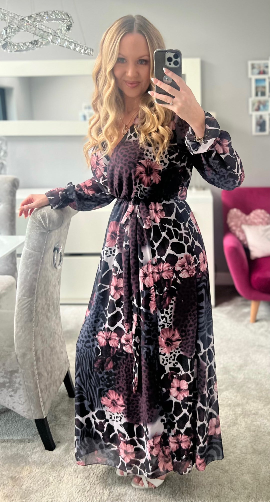 Thandie Black & Pink Animal Print Floral Chiffon Belted Long Sleeve Maxi Dress 2 LENGTHS