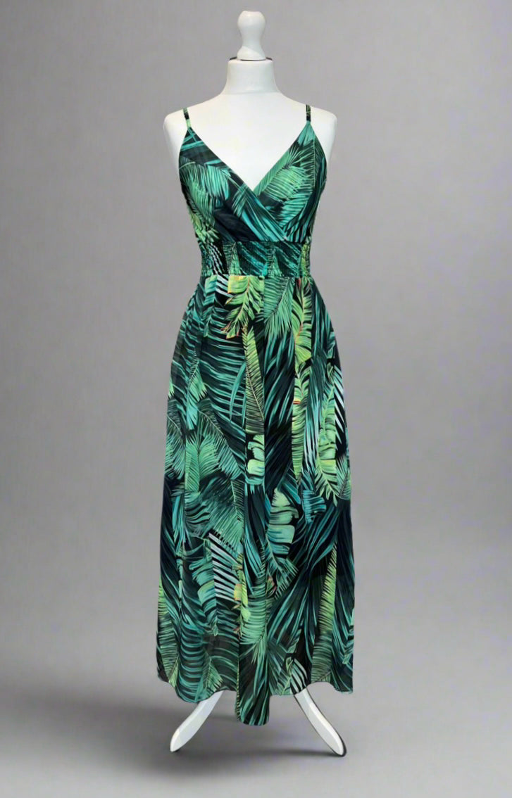 Kayleigh Green Palm Print Cami Strap Shirred Maxi Dress