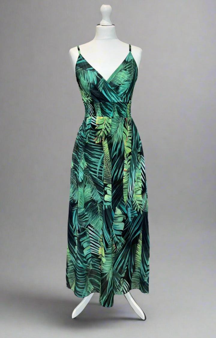 Kayleigh Green Palm Print Cami Strap Shirred Maxi Dress