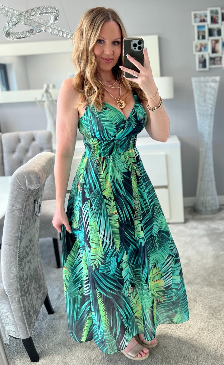 Kayleigh Green Palm Print Cami Strap Shirred Maxi Dress
