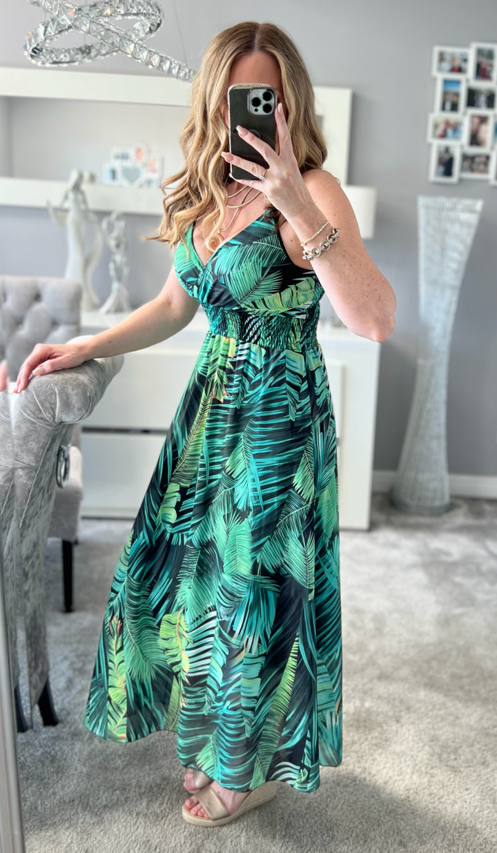 Kayleigh Green Palm Print Cami Strap Shirred Maxi Dress