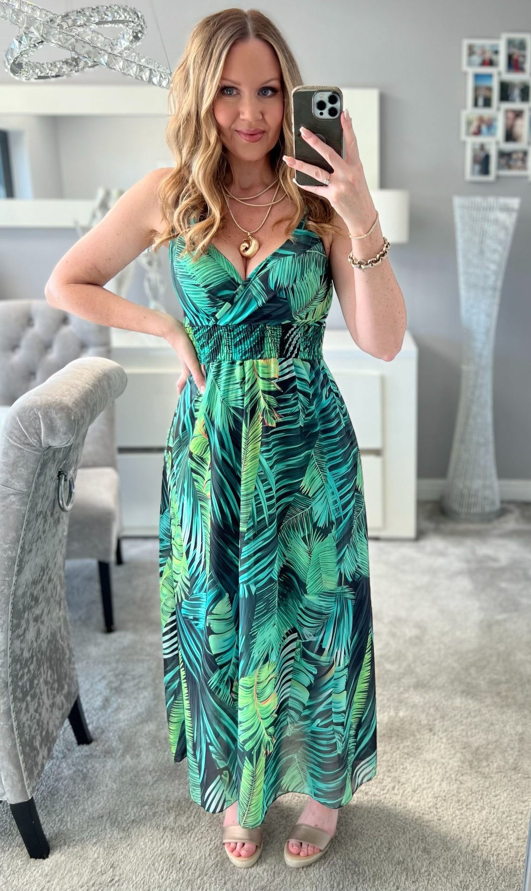 Kayleigh Green Palm Print Cami Strap Shirred Maxi Dress