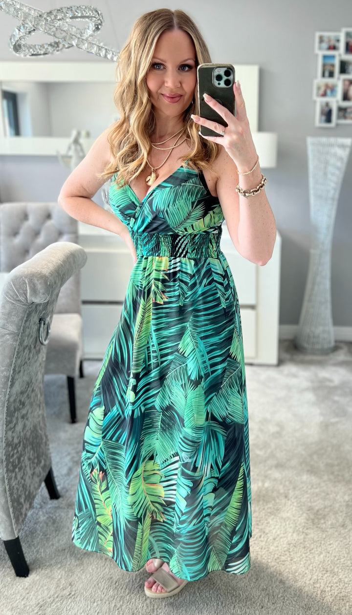 Kayleigh Green Palm Print Cami Strap Shirred Maxi Dress
