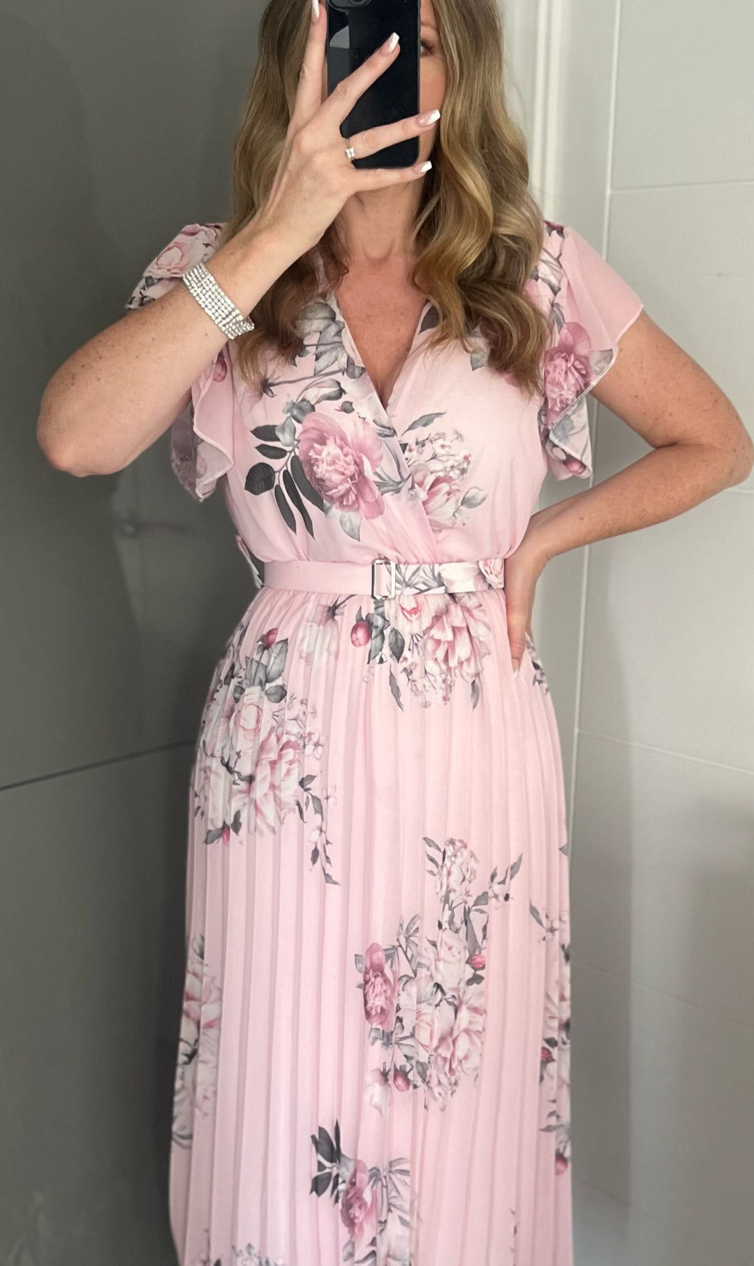 Amalfi Coast Baby Pink Floral Chiffon Short Sleeve Pleated Belted Maxi Dress - CHECK BELT INFO