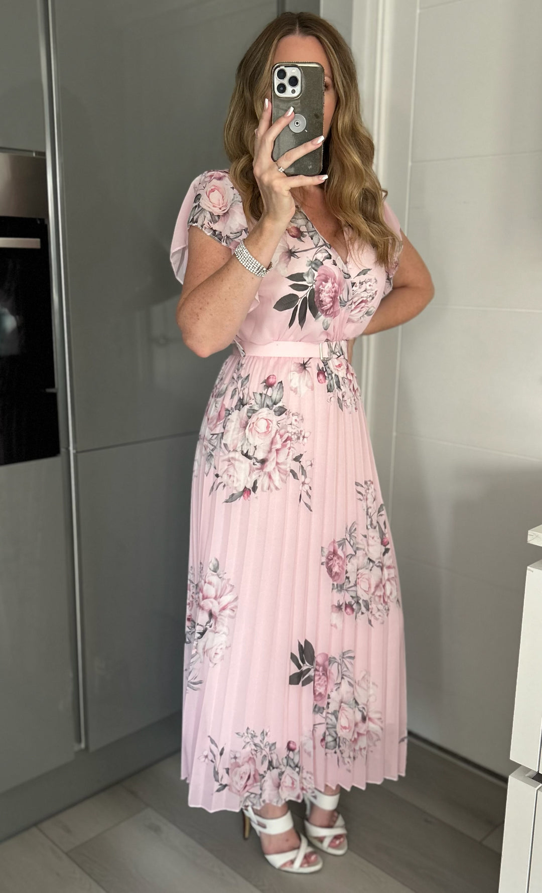 Amalfi Coast Baby Pink Floral Chiffon Short Sleeve Pleated Belted Maxi Dress - CHECK BELT INFO