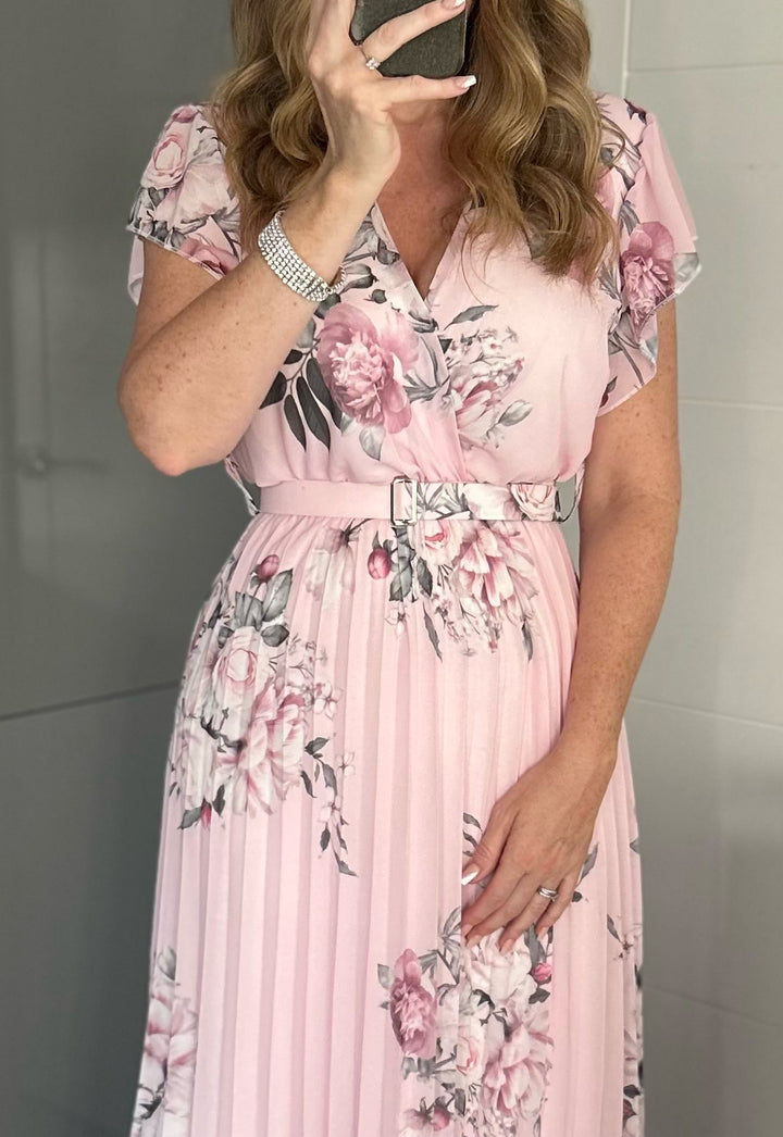 Amalfi Coast Baby Pink Floral Chiffon Short Sleeve Pleated Belted Maxi Dress - CHECK BELT INFO
