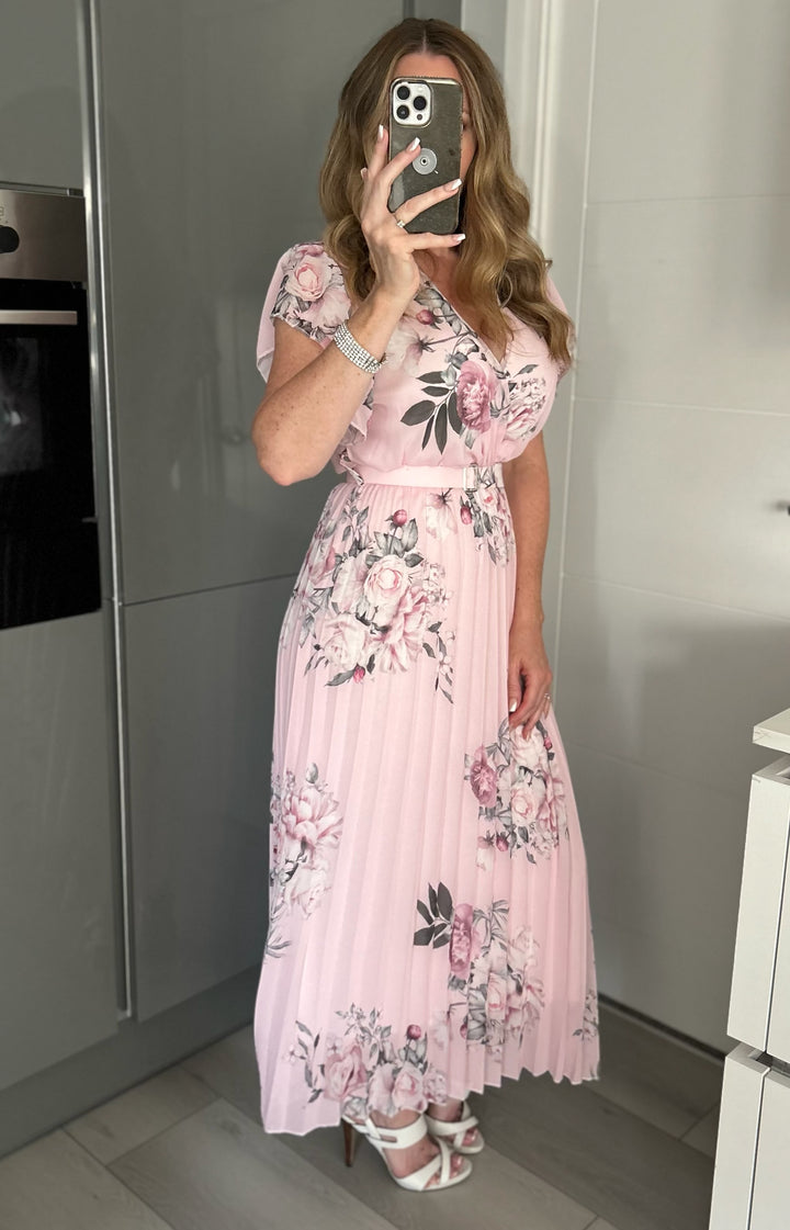 Amalfi Coast Baby Pink Floral Chiffon Short Sleeve Pleated Belted Maxi Dress - CHECK BELT INFO